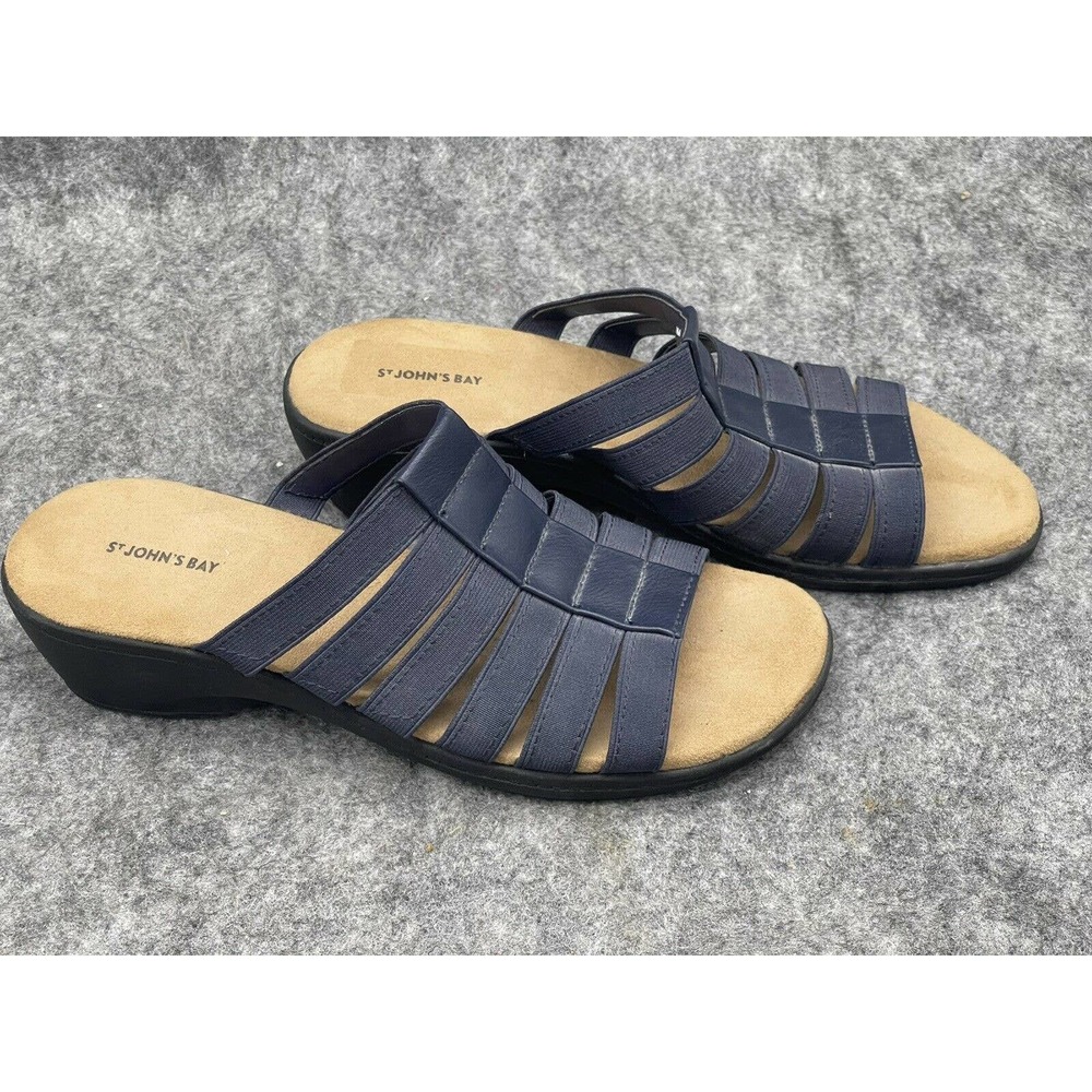 St. John’s Bay Women’s Wedge Flat Slip On Mule Straps Sandals size 9 M Navy Blue